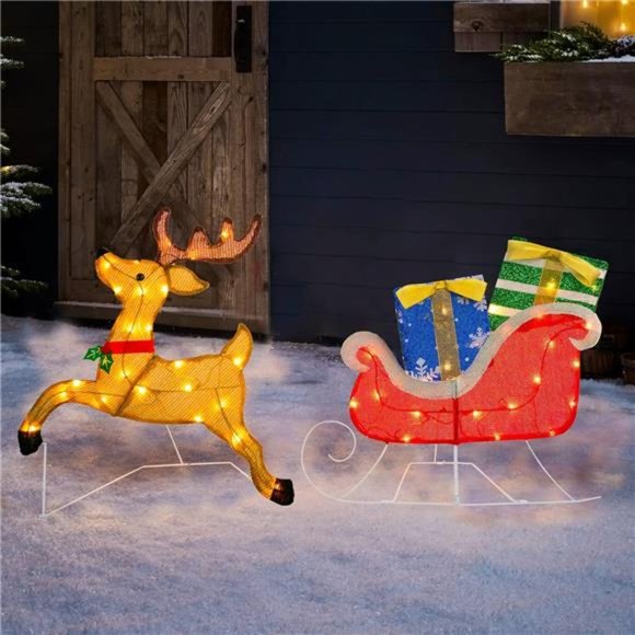 Christmas Outdoor Decoration Pre-Lit Lighted 2D Santa Sleigh Reindeer w - Picture 3 of 6